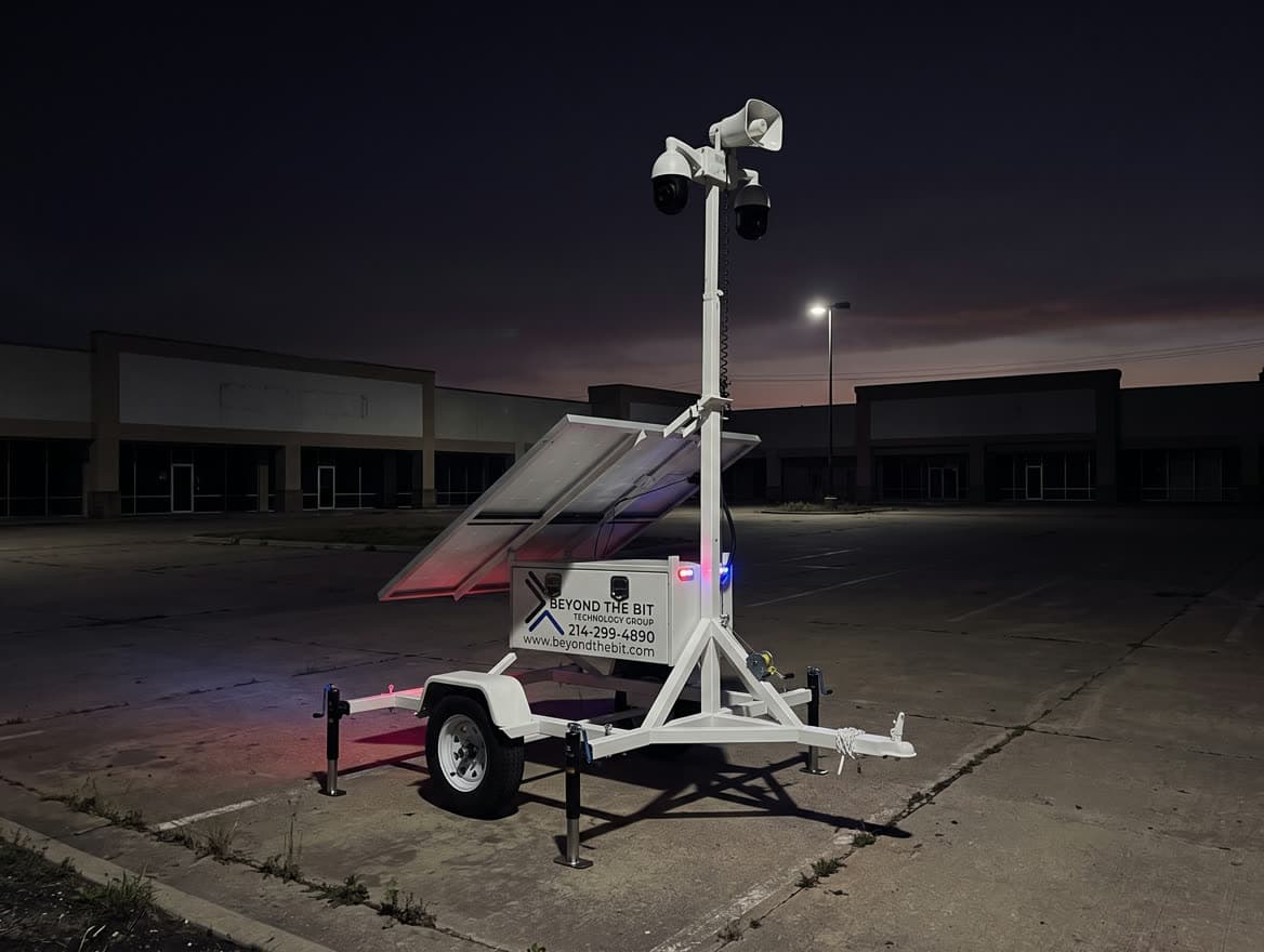 A vacant commercial property at dusk, the kind of unverified-alarm site where live video verification is what gets a Dallas police dispatch.